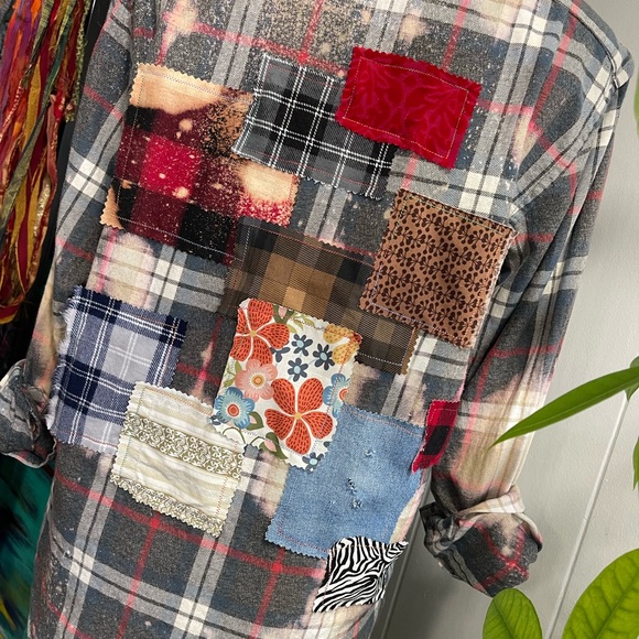 Upcycled Bleached Plaid Flannel with Red Denim Patchwork Animal Prints - Picture 4 of 8